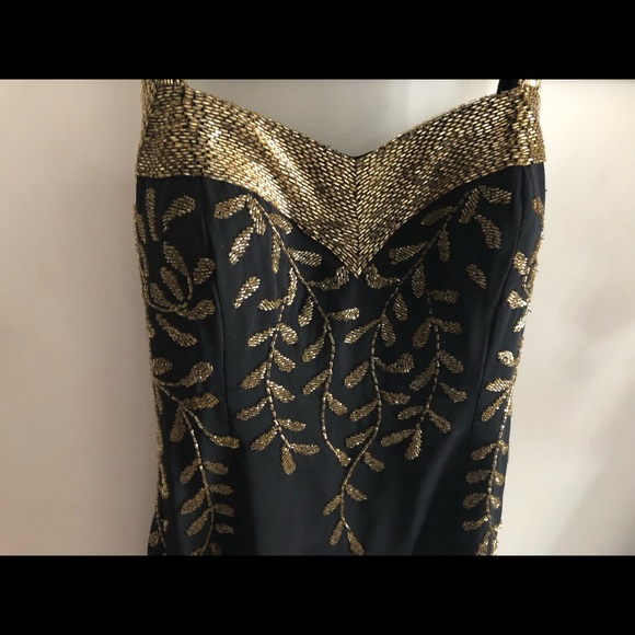 Designer one off long black dress with hand sewn gold beads - Picture 3 of 12